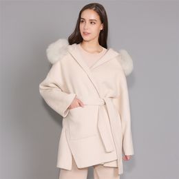 Cashmere Jacket Women Detachable Fox Fur Collar Wool Blend Coat and Jacket Belt Ladies Autumn Winter Cashmere Overcoat LJ201106