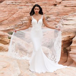 Boho Beach Mermaid Wedding Dresses 2021 Sexy Backless Appliques Lace Straps Fairy Trumpet Bridal Wedding Gowns Bride Dress Long Train