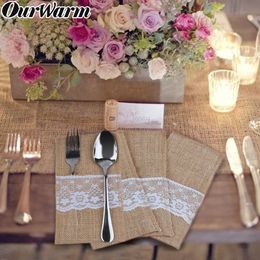 OurWarm 10Pcs Burlap Lace Cutlery Pouch Rustic Wedding Tableware Knife Fork Holder Bag Hessian Jute Table Decoration Accessories C0125