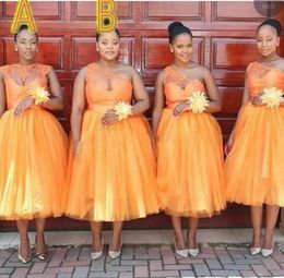 Orange Short Bridesmaid Dresses One Shoulder Tea Length A Line Custom Made Plus Size Maid Of Honour Gown African Wedding Party