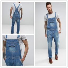 Men's Jeans Big Pocket Mens Overall Siamese Suspender Trousers With Braces Streetwear Casual Straight Denim Jumpsuits Blue Bib Pants