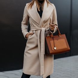 Plus Size Loose Warm Wool Blends Long Winter Coat Turn-down Collar Adjustable Belt Wool Coats Women Office Work Wear Elegant LJ201109