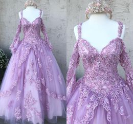 Lavender Juliet Long Sleeve Quinceanera Dress Prom Ball Gowns Lace Applique Beaded Cold Shoulder Corset Back Prom Sweet 16 Dress Pageant Gir