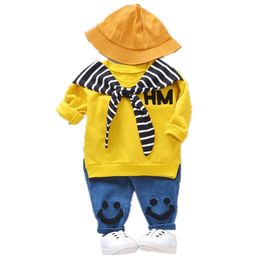 Spring Autumn Baby Cotton Clothing Sets Fashion Children Girls Boys Fake Scarf T-shirt Jeans 2 Pcs/Sets Kid Casual Tracksuits LJ201221