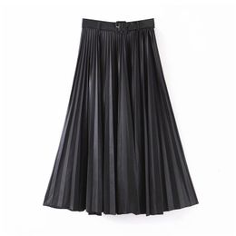 Stylish chic PU leather pleated skirt sashes design side zipper basic female casual stylish mid calf skirts mujer 201109