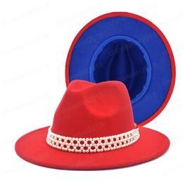 New Wool Fedora Hat Red Blue Patchwork Wide Brim Gentleman Wedding Hat Women Jazz Hat Winter Cowboy Cap