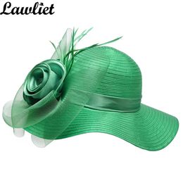 Summer Women Solid Satin Feather Floral Wide Brim Floppy Hats for Kentucky Derby Church Tea Party Dress A433 Y200602