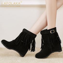 Lapolaka New Fashion Fringe Add Fur Autumn Winter Boots Woman Shoes Increased Simple Waterproof Ankle Boots Female1