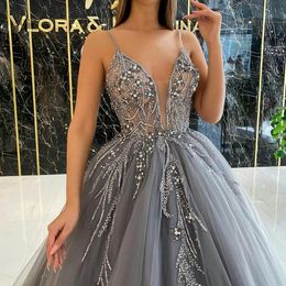 Sexy Grey Evening Dresses Lace Sequined Beaded A Line Prom Dresses Custom Made Long Robe De Soiree221W