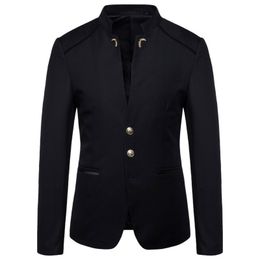 Spring Men's Fashion Button Decorative Blazer Coat Chinese Style Slim Fit Stand Collar Solid Colour Suit Jacket 220310