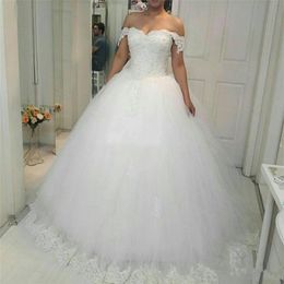 Gorgeous Off Shoulder Ball Gown Princess Lace Wedding Dresses Sweetheart Appliques Beaded Wedding Gowns Puffy Lace-Up Tulle Bride Dress 2023