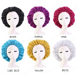 Satin Bonnet Hair Caps Double Layer Knit Sequin Adjust Sleep Night Cap Head Cover Hat For Curly Springy Hair Styling Accessories
