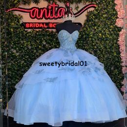 Light Sky Blue Quinceanera Dresses Ball Gown Long Lace Appliques Puffy Sweet 16 Dress Graduation Celebrity Party Gowns