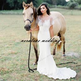New Collection Country Wedding Dress Mermaid Scoop Sheer Neck Short Sleeves Bridal Party Gowns vestido de fiesta de boda 2021