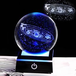 New 80mm K9 Crystal Solar System Planet Globe 3D Laser Engraved Sun System Ball with a Touch Switch LED Light Base Cosmic Model 201125