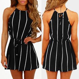 Women Stripe Print Romper Playsuit Off Shoulder Sleeveless Rompers bandage Jumpsuit Playsuit For Summer Beach Party Clothes T200704