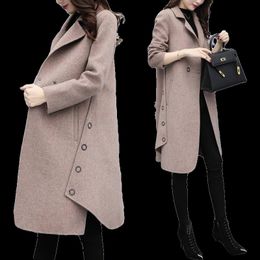 Nuovo autunno inverno misto di alta qualità cardigan giacca oversize lungo trench outwear lana cappotto donna 201027