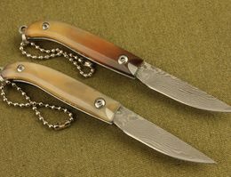 New 4.5 Inch Damascus Pocket Folding Knife VG10 Damascus Steel Blade Cow Horn Handle EDC Keychain Knives