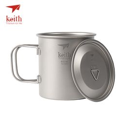 Keith Outdoor Titanium Water Mugs With Folding Handles Titanium Lids Drinkware Camping Cups Ultralight Travel Mug 220ml-900ml 201029