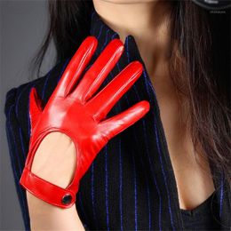 Five Fingers Gloves Touchscreen Red Genuine Leather 19cm Pure Sheepskin Locomotive Hand Back Short Style Snap Button Silk Lining WZP041