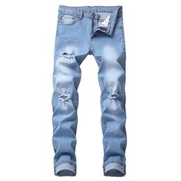 Jeans Menores Hombre Azul Rippado Flaco Destruido Destruido Masculino Agujero Motorista Distresado Zipper Slim Fit Denim Pantalones casuales Pantalones