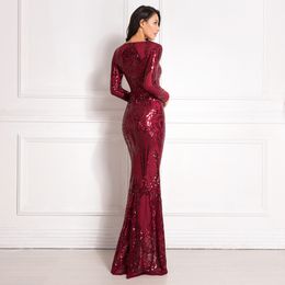 Burgundy Long Sleeve Sequined Maxi Dress Bodycon O Neck Full Length Stretchy Autumn Winter Long Evening Party Dress Black Gold 201204