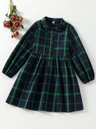 Girls Plaid Bishop Sleeve Shirt Dress SHE