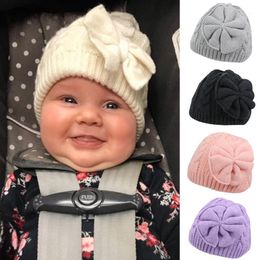 Caps & Hats Cute Winter Kids Woollen Knitted Hat Baby Warm Bow Cotton Lining Girls Bowknot Pour Enfants