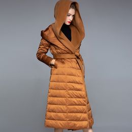 Women's Runway Down Coats Hooded Collar Cashmere Patchwork Long Sleeves White Duck Down Elegant Winter Parkas Warm Overcoat Outerwear