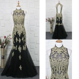 Gold Lace Black Tulle Plus Size Evening Dresses Special Occasion For Women 2021 High Neck Keyhole Back Mermaid Mother Of The Bride Party