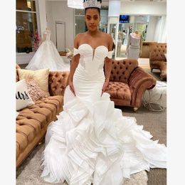 Gorgeous Plus Size Mermaid Organza Wedding Dresses Bridal Gowns Court Train Off Shoulder Beaded Tiered Ruffles robe de mariée Second Reception Dress
