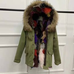 women jackets mukla furs brand brown raccoon fur trim multicolor fox fur liner army green canvas mini parkas snow jackets