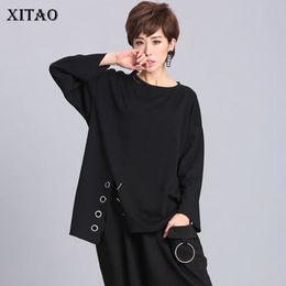 XITAO Ring Split Black Plus Size T Shirt Women Hem Irregular Hollow Out Stitch O Neck Womens Clothing Tide New LJT1198 201029