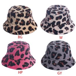 Women Fluffy Fuzzy Plush Bucket Hat Winter Warm Leopard Digital Print Sunscreen Short Brim Casual Outdoor Travel Fisherman Cap