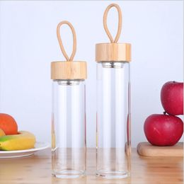 380ml 450ml High Quality Glass Water Bottles Bamboo Lid With Rope Drink Bottled For Beverages Outdoor Brief Portable Tea bottle 201105