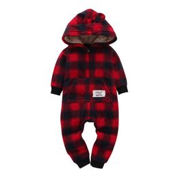 kid boy girl Long Sleeve Hooded Fleece jumpsuit overalls red plaid Newborn baby winter clothes unisex new born costume 201027