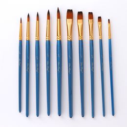 5pcs Pearlescent Blue Rod Sharp Peak Oil Painting Brush Set Flat Front Nylon Hair Watercolor Brush Art Supplies