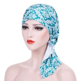 KepaHoo New Women Print Flower Scarf Turban Head Wrap Caps Hijab Headscarf Muslim Hat Turban Chemo Hat Beanie Bandanas Long Tail