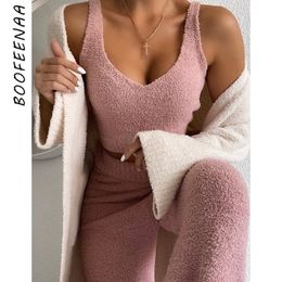 BOOFEENAA Cozy Plush Sweater Two Piece Set Crop Top and Pants Suit Casual 2 Piece Outfits for Women Lounge Wear C97-FD46 201007