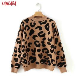 Tangada women leopard knitted sweater winter animal print winter thick long sleeve female pullovers casual tops 2X05 201111