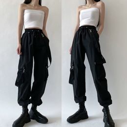 Women Fashion Harajuku Cargo Pants Black Detachable Strap Trousers Female Elastic Waist Streetwear Pants Plus Zise Casual Pants 201228