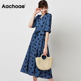 Aachoae Women Elegant A Line Long Dress 2020 Vintage Polka Dot V-neck Party Dress Lantern Sleeve Midi Casual Dresses Robe Femme LJ200818