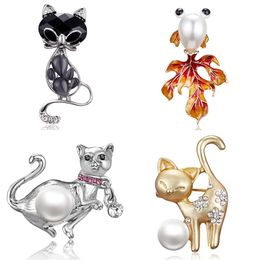 Pearl Rhinestone Lovely Cat Brooch Party Crystal Enamel Black Animal Brooch Pins Dress Decoration Accessories