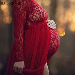 Lace Maternity Dresses for Photo Shoot Elegant Long Sleeve Bodysuit+High Split Pregnancy Maxi Gown Dress Baby Shower Photography