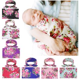 Newborn Baby Swaddling Blankets Bunny Ear Headbands Set Swaddle Photo Wrap Cloth Floral Peony Pattern Baby Photography Tools