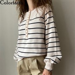 Colorfaith New Autumn Winter Women Sweater V-Neck Buttons Knitted Pullovers Striped Casual Fashionable Wild Tops SW6154 201023