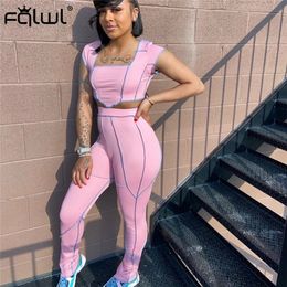 FQLWL Knitted Pink Two Piece Summer Sexy Club Oufits 2 Piece Set Women Crop Top and Stacked Pants Women Matching Sets Tracksuit T200821