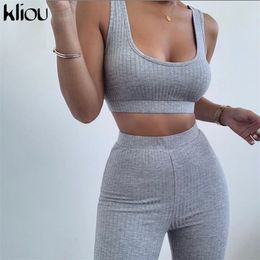 Kliou women fitness tracksuit 2 pieces set slim crop top + padded sporting leggings active wear outfits skinny stretch outwear 201104