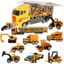 Big Truck & 6PCS Mini Alloy Diecast Car Model 1:64 Scale Toys Vehicles Carrier Truck Engineering Car Toys For Kids Boys } LJ200930