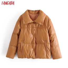 Tangada Women brown fur faux leather jacket coat oversized buttons Winter Female pu turn down collar jacket overcoat QN30 201103